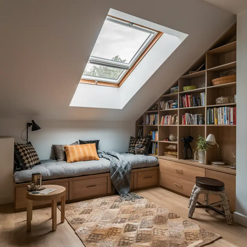 Cozy reading nook in an attic bedroom with skylight, built-in bookshelves, daybed with pillows, small table, and rug on a wooden floor.