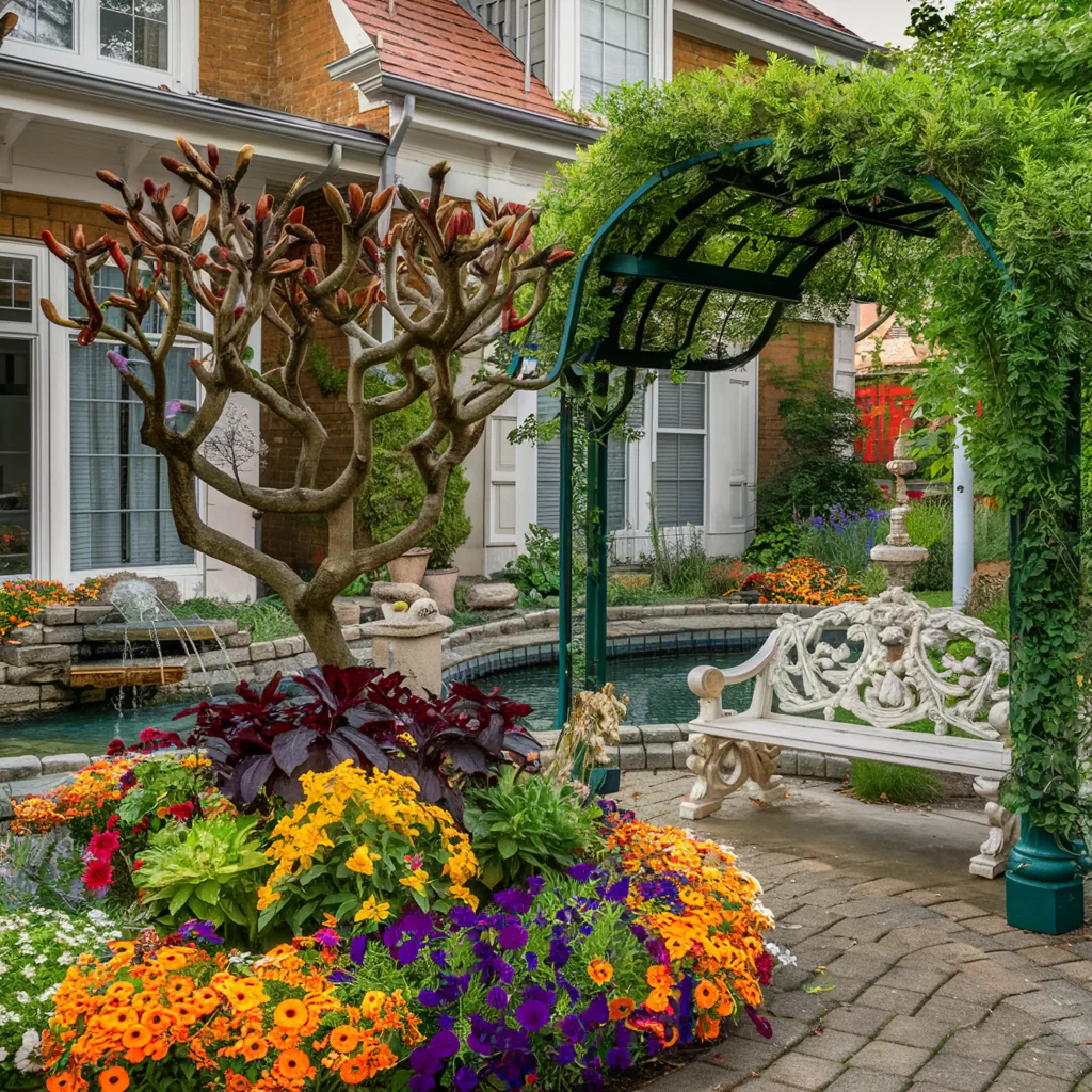 A lush garden with vibrant flowers, the best ground cover greenery, a decorative bench, an arched trellis, and a calm pond in the background.