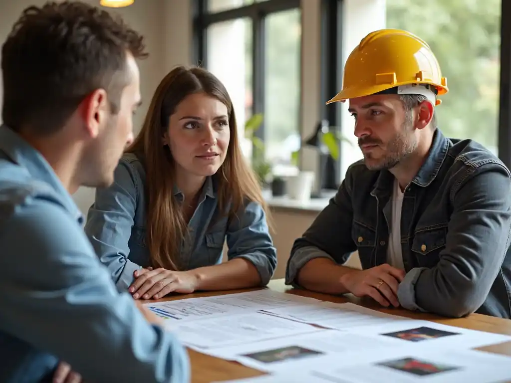 Three people are having a serious discussion at a table with documents about home renovation, one wearing a yellow construction helmet.