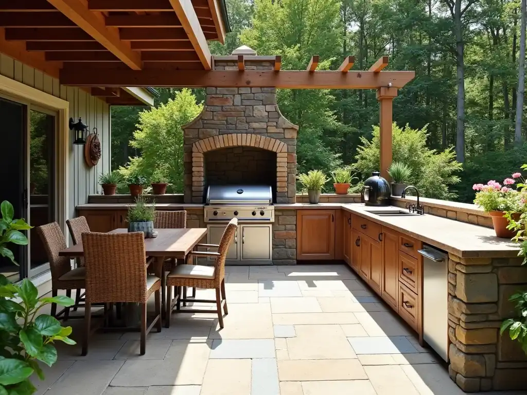 Outdoor kitchen with a stainless steel grill, wooden cabinets, and a dining table set on a stone patio under a pergola, perfect for those who love gardening and want the best ground cover for their garden.