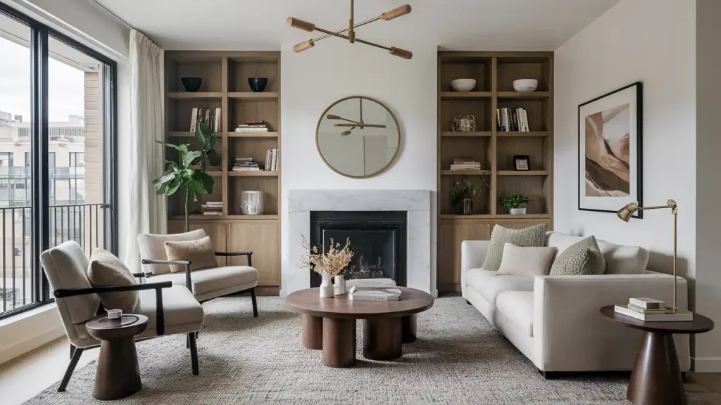 Modern living room with a fireplace, round mirror, sofa, armchairs, wooden shelves, coffee tables, large windows, and an Organic Modern Interior Design that seamlessly blends natural elements with contemporary aesthetics.