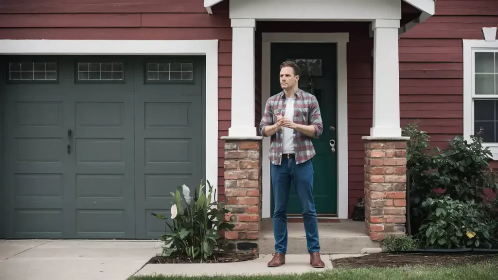 Man in casual attire stands before a red house with a green door and garage, looking to the right, contemplating important home buying steps.