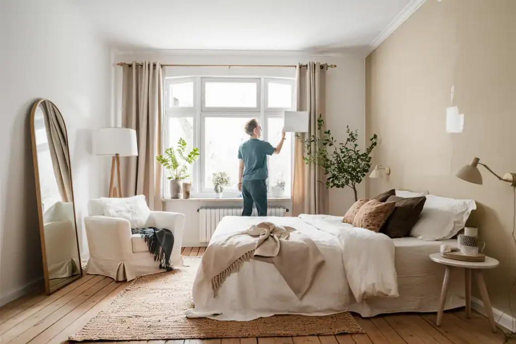 Person adjusting curtains in a cozy, organic modern bedroom with a large bed, chair, mirror, plants, and neutral decor.