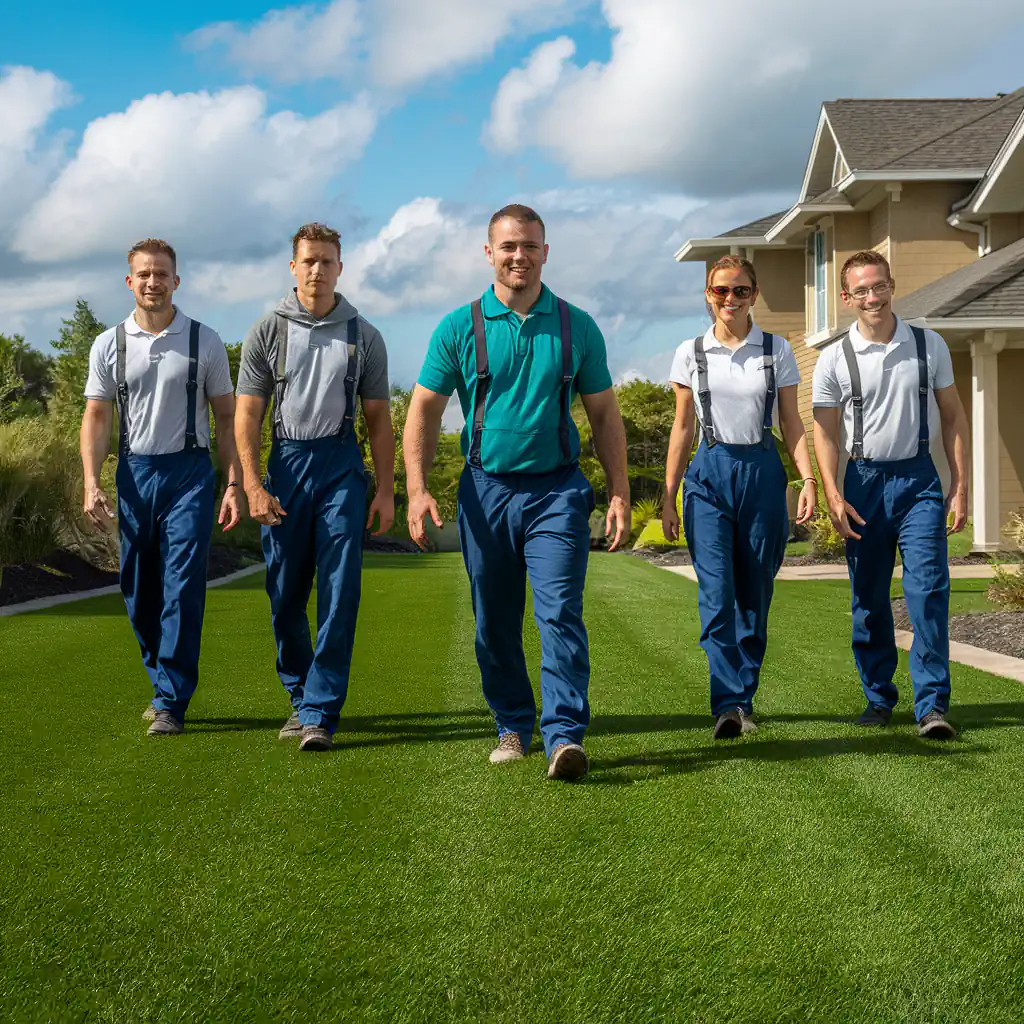 A group of five people in matching uniforms walking on a well-manicured lawn towards the camera, with charming houses and a verdant garden in the background.