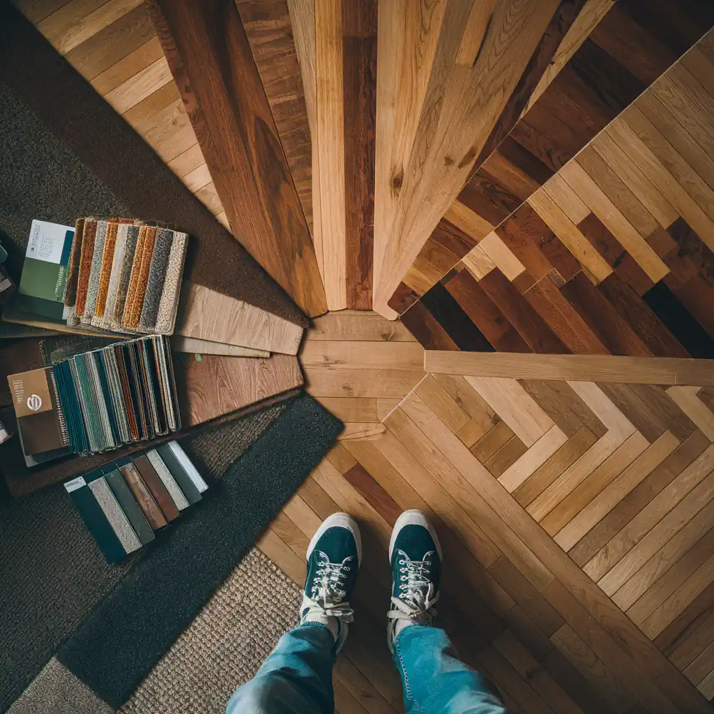 A person stands on a wooden floor with various patterns, next to carpet samples and color swatches, planning how to make an attic bedroom come to life.