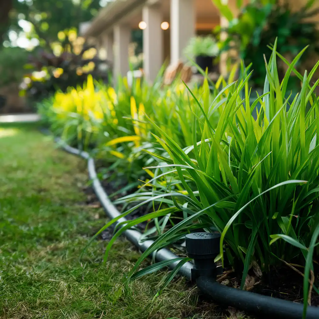 Close-up of lush green plants lining a garden path with a black sprinkler system on the edge, house in the background. Discover the best ground cover for your garden oasis.