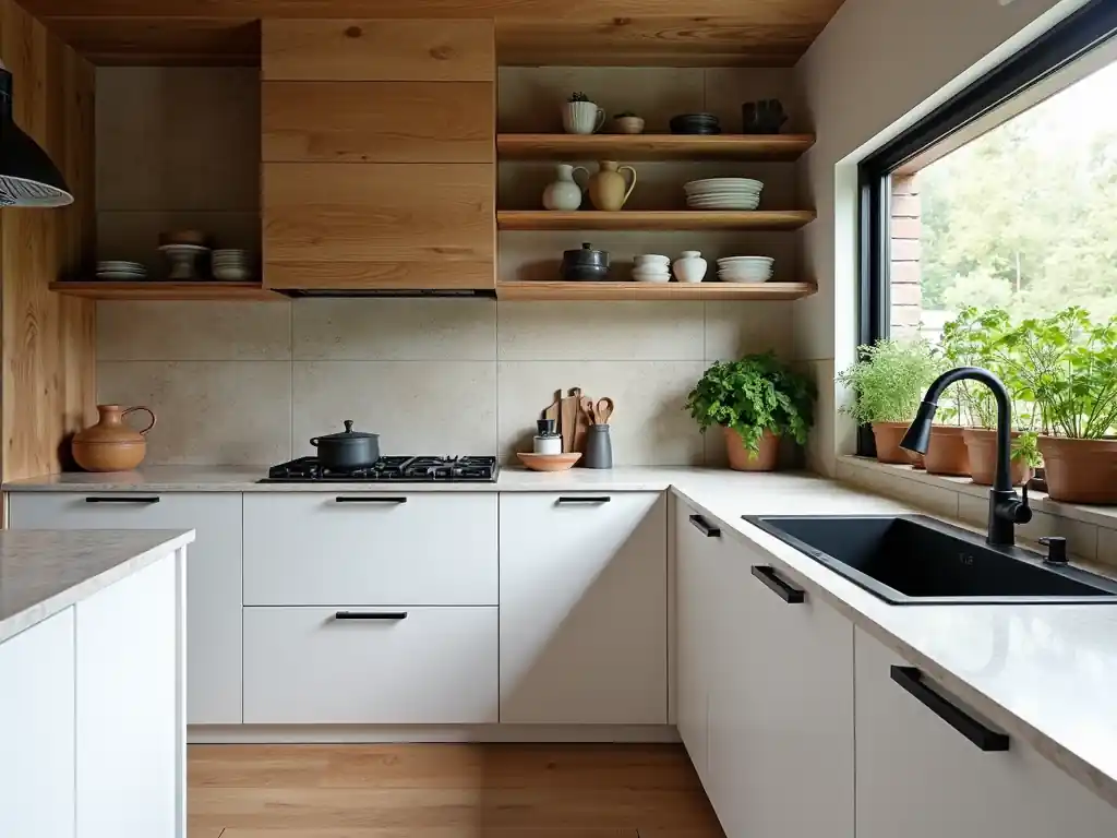 Modern kitchen with white cabinets, wooden shelves, potted plants, and a black faucet by a large window, embodying organic modern kitchen decor.