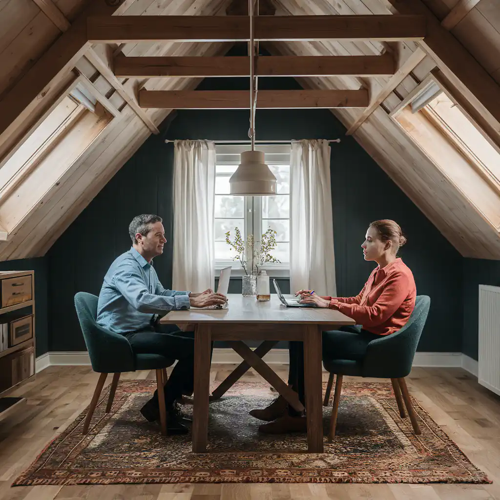 Two people sit across from each other at a table in a cozy attic office with angled wooden ceilings, showcasing a charming attic bedroom design.