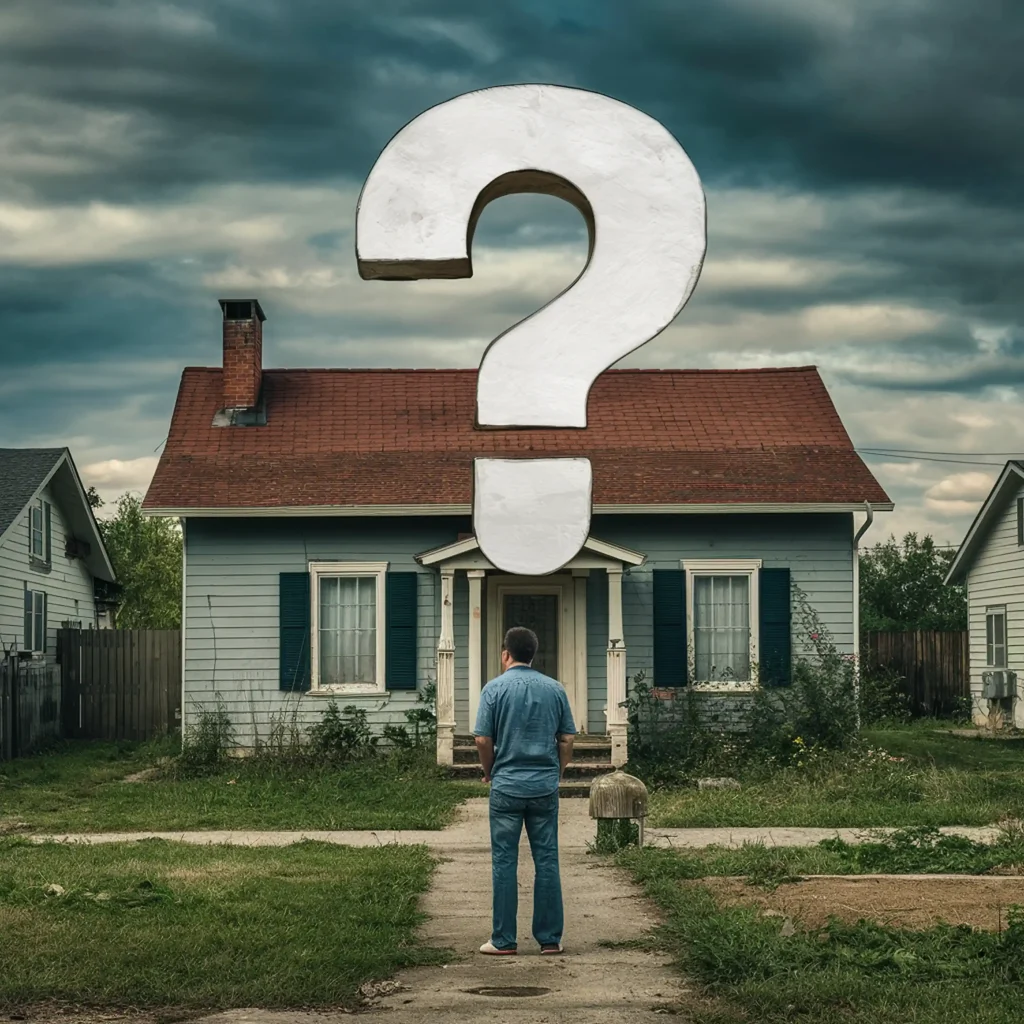 Person standing in front of a house with a large question mark looming above it under a cloudy sky, contemplating the best garden ground cover to use.