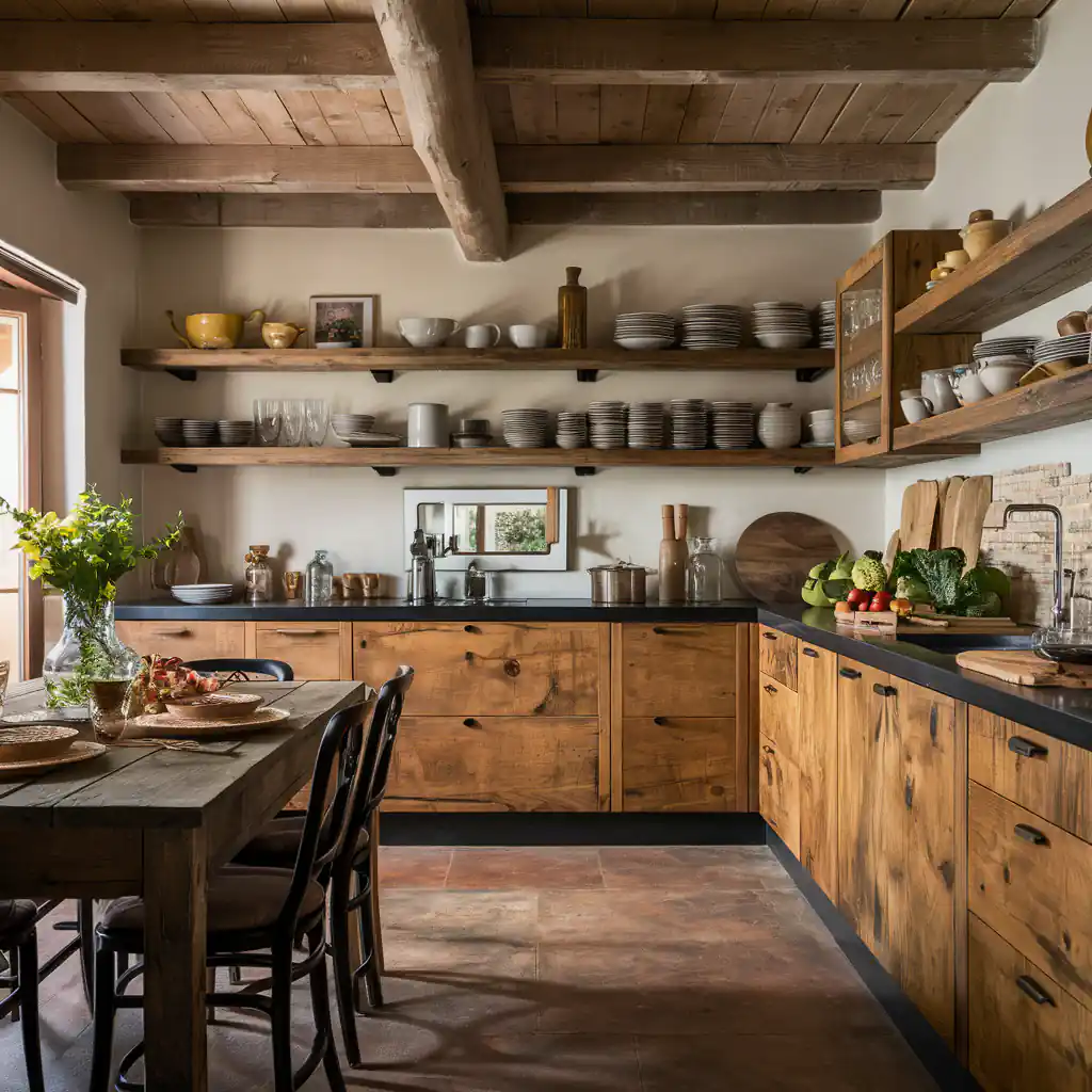 A rustic kitchen with wooden cabinets, open shelves displaying dishes, a dining table with chairs, and a vase of flowers exudes organic modern kitchen decor.