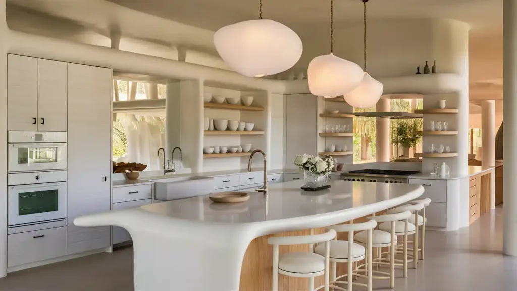 Modern kitchen with curved white countertops, pendant lights, white cabinets, open shelves with dishes, and island seating, embodying an organic modern style.