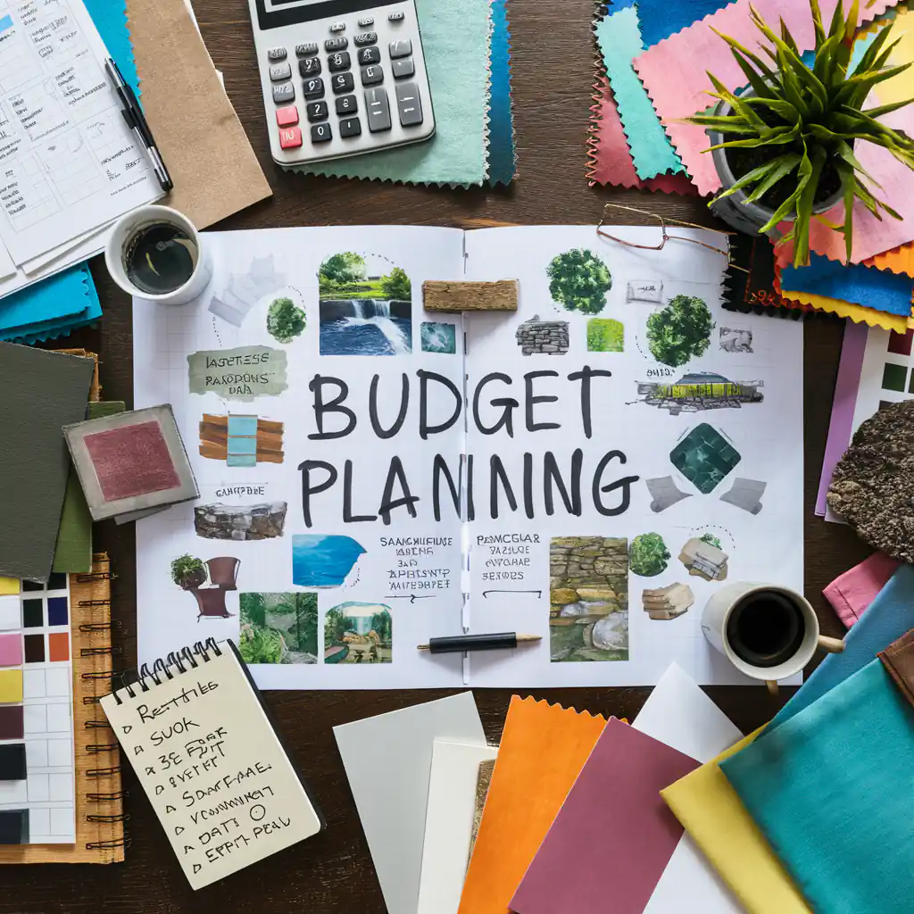 Top view of a budget planning workspace where you can visualize your plan with a notebook, swatches, calculator, plant, coffee cups, and color samples.