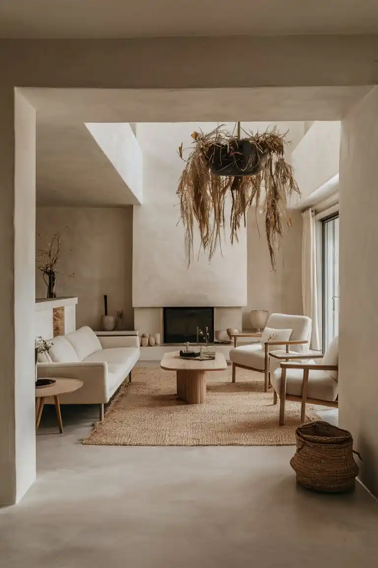 Cozy minimalist living room with neutral tones, featuring a fireplace, modern furniture, and a woven rug, reminiscent of an attic renovation's charm.