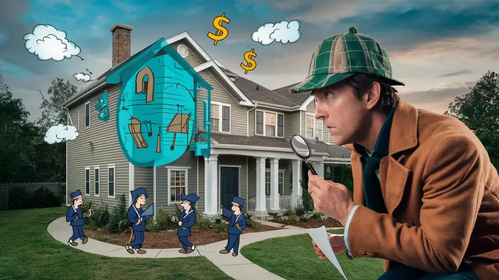 A detective in a green hat inspects a house with a magnifying glass, showcasing the importance of due diligence when buying a house. Cartoon characters fix damages on an overlay of the house.