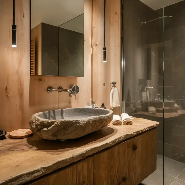 A warm organic modern bathroom featuring a natural stone sink, wooden vanity, hanging lights, and a glass-enclosed shower.
