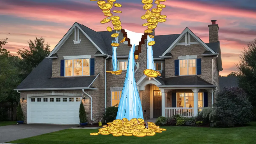 A dream-like scene of a house with animated coins and a waterfall flowing from the sky, set against a stunning sunset background—a surreal vision for anyone involved in real estate.