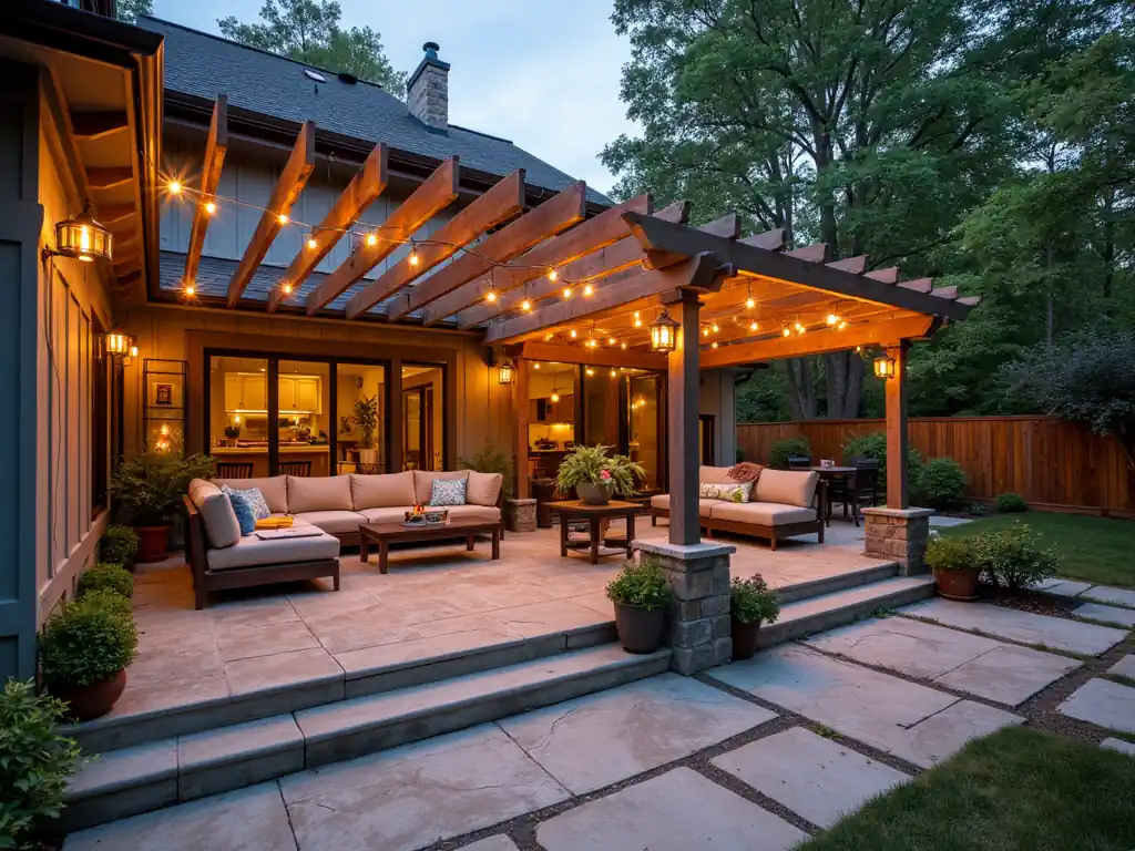A cozy patio with string lights, outdoor furniture, and a pergola, set against a house with large windows and lush garden greenery.