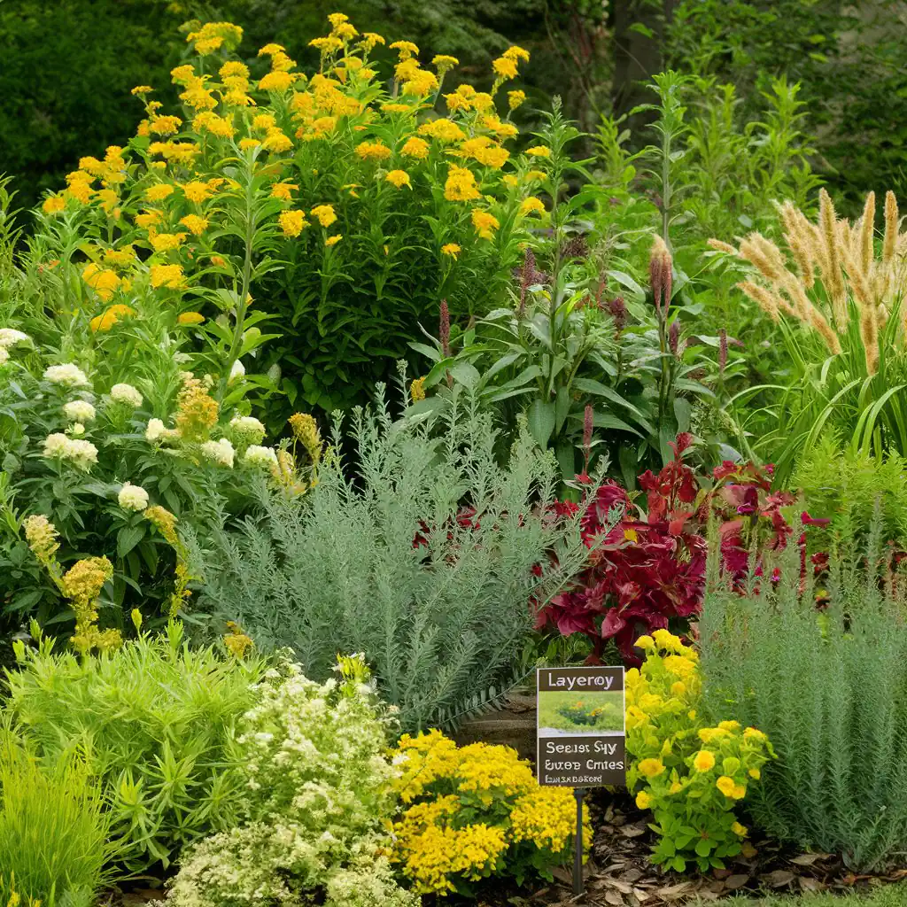 A lush garden with various plants and flowers, including yellow, red, and white blooms, offers a beautifully planned outdoor space with a sign labeled "Layered.