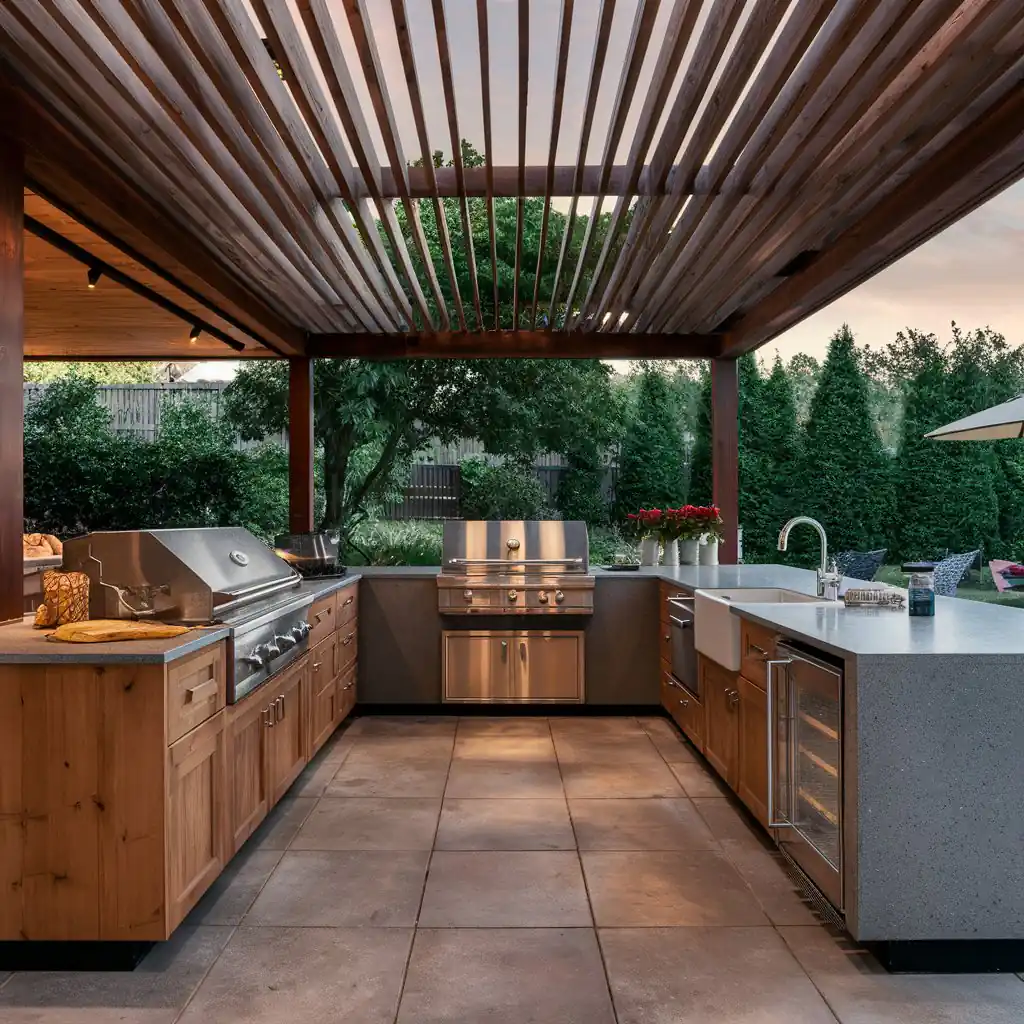Outdoor kitchen with modern stainless steel appliances, a wooden pergola, and stone countertops nestled in a beautifully landscaped backyard perfect for gardening.