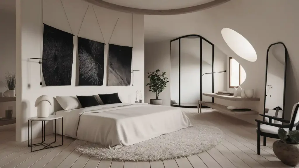 Minimalist bedroom with a platform bed, circular rug, tall plants, abstract wall art, and a curved window bathed in natural light embodies an organic modern style.