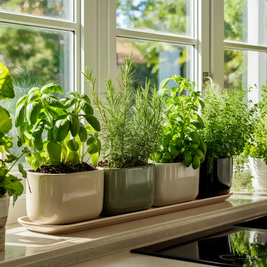 Potted herbs, including basil and rosemary, sitting on a sunny kitchen windowsill with green foliage in the background, create a beautiful touch of organic modern kitchen decor.