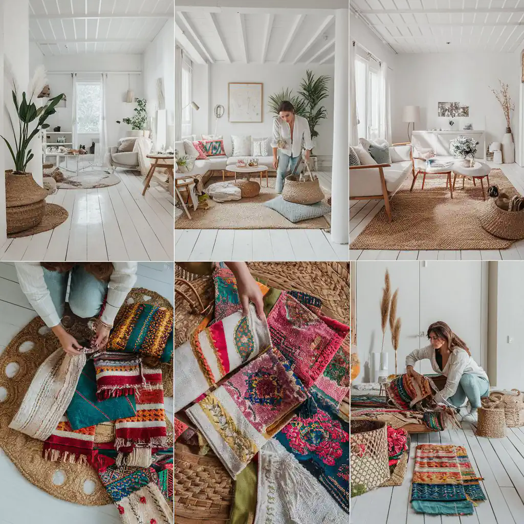Collage of a cozy, white living room with colorful cushions and textiles. Person organizing vibrant, patterned fabric. Perfect inspiration if you're looking for attic bedroom tips to make your attic bedroom as inviting as this space.