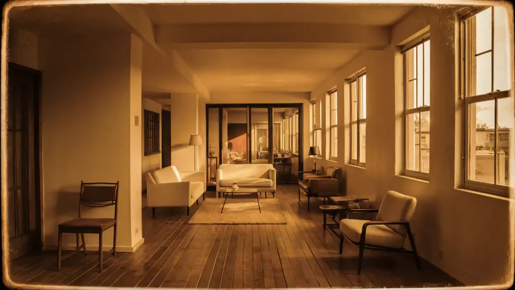 A vintage-style room with wooden floors, white furniture, large windows, and a mirrored wall in the background seamlessly blends elements of Organic Modern style into its interior design.