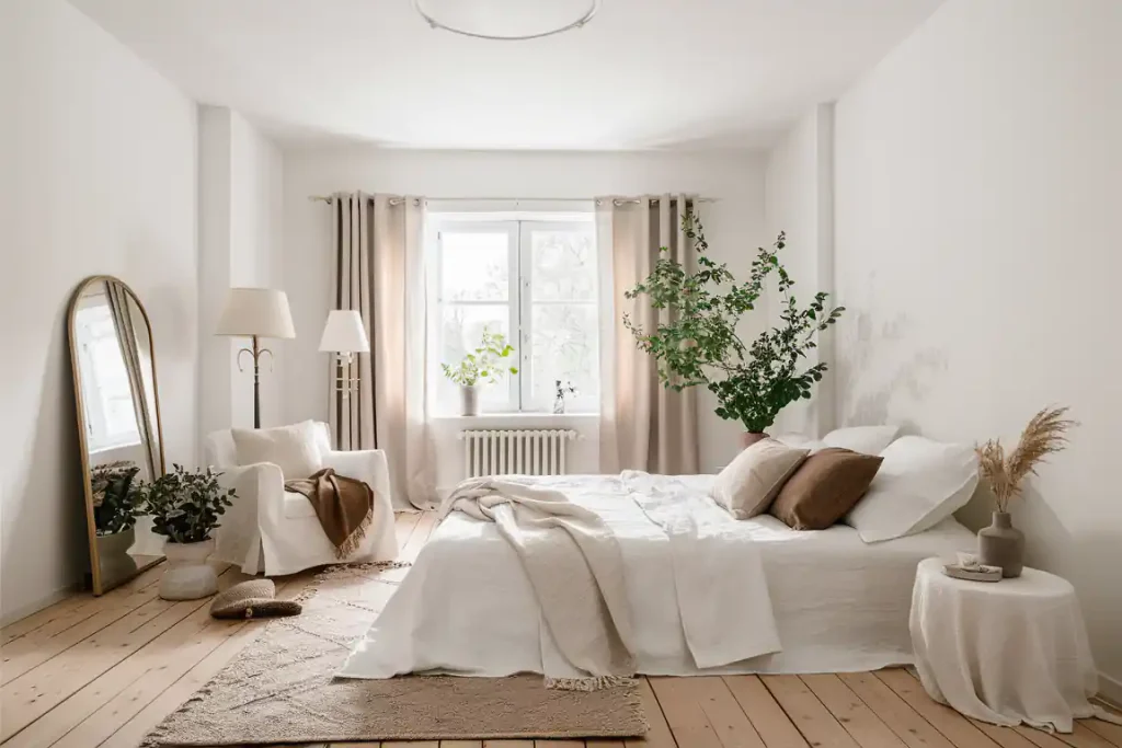 A cozy bedroom with a large bed, white bedding, plants, a floor mirror, and a white armchair bathes in soft natural light from a window, embodying an Organic Modern Bedroom design.