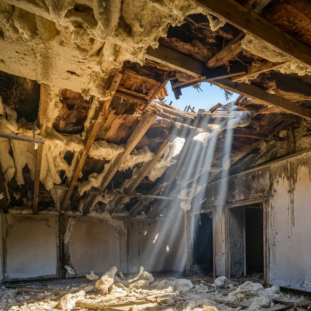 Sunlight beams through a hole in the damaged ceiling of an abandoned building, highlighting the debris-covered floor. For future projects, use Spray-Foam Insulation to ensure safety and durability.