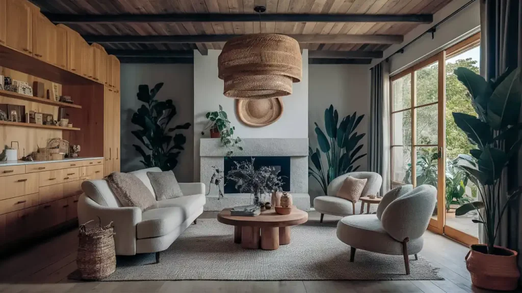 A cozy living room featuring Organic Modern Style with a large woven light fixture, wooden ceiling, white sofas, round coffee table, and large plants.