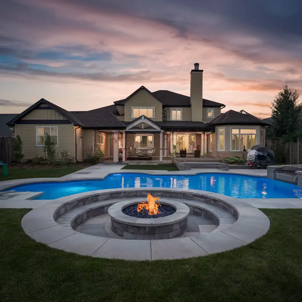 Backyard at sunset featuring a pool, fire pit, patio furniture, and a two-story house with large windows in the background. Best ground cover plants line the patio, adding a lush touch to the elegant setting.