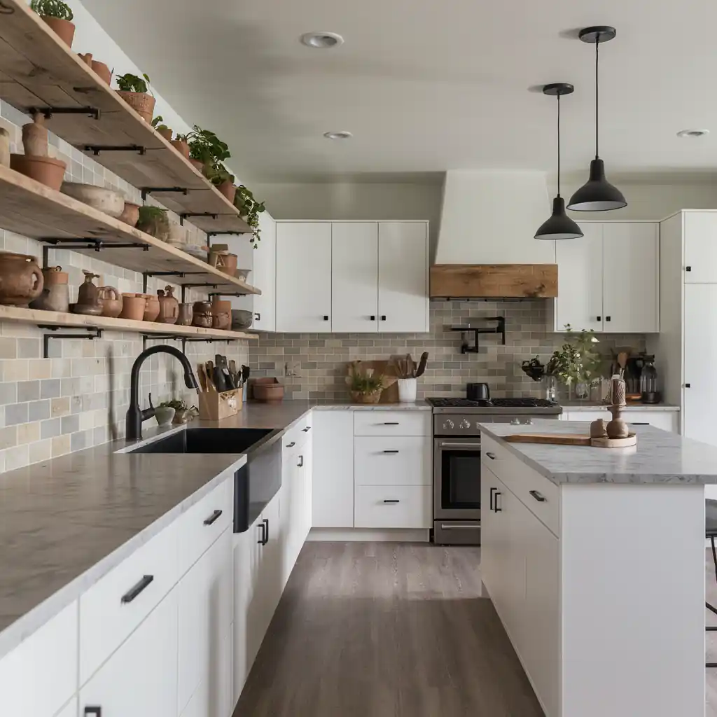 Modern kitchen with white cabinets, black hardware, open wooden shelves with plants, and a center island under pendant lights—an exemplary case of Organic Modern Kitchen Decor.