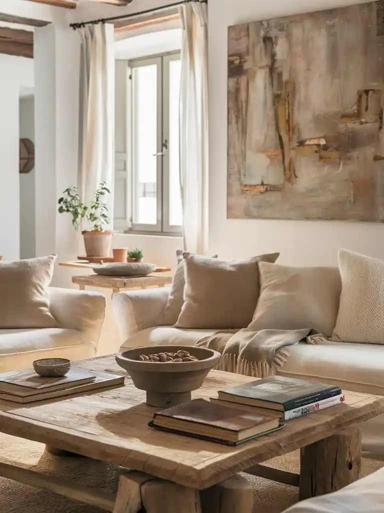 Cozy living room with beige sofas, a wooden coffee table adorned with books and decor, and a large abstract painting on the wall, reminiscent of an elegantly designed attic bedroom.
