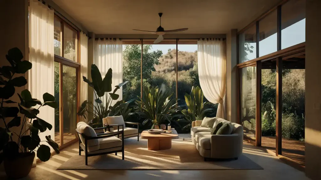 Sunlit modern living room with large windows, indoor plants, white curtains, and cozy seating. The organic modern style seamlessly blends natural elements with contemporary design for a harmonious interior.