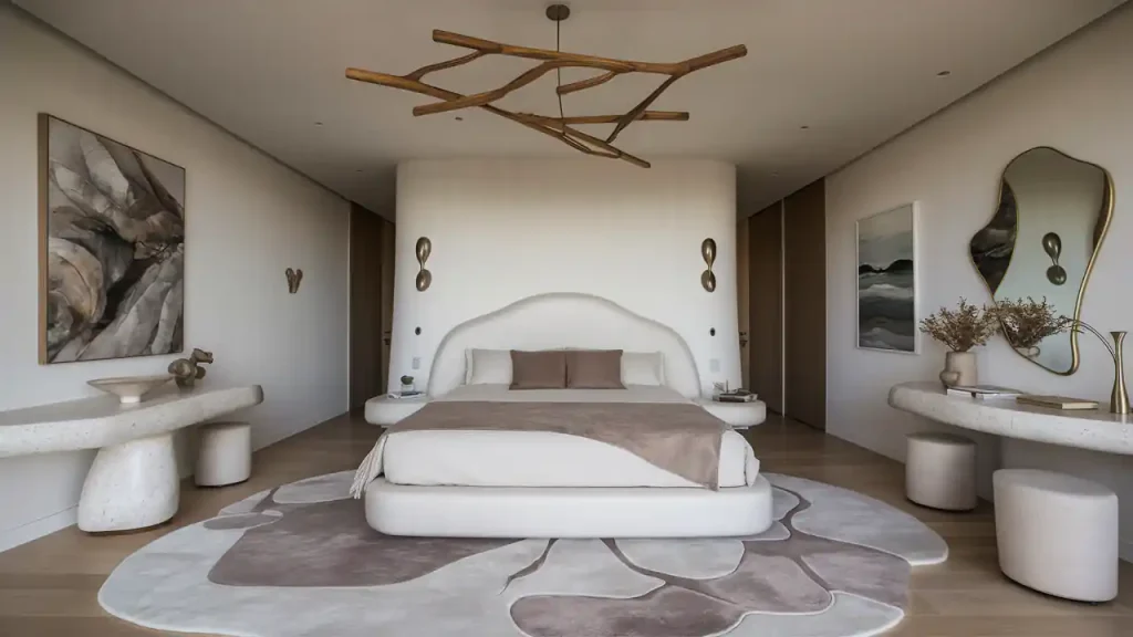 Minimalistic bedroom with neutral tones, featuring a unique rug, large bed, abstract ceiling fixture, and modern artwork. This space embodies Organic Modern Design with its clean lines and natural materials, creating a serene and stylish retreat.