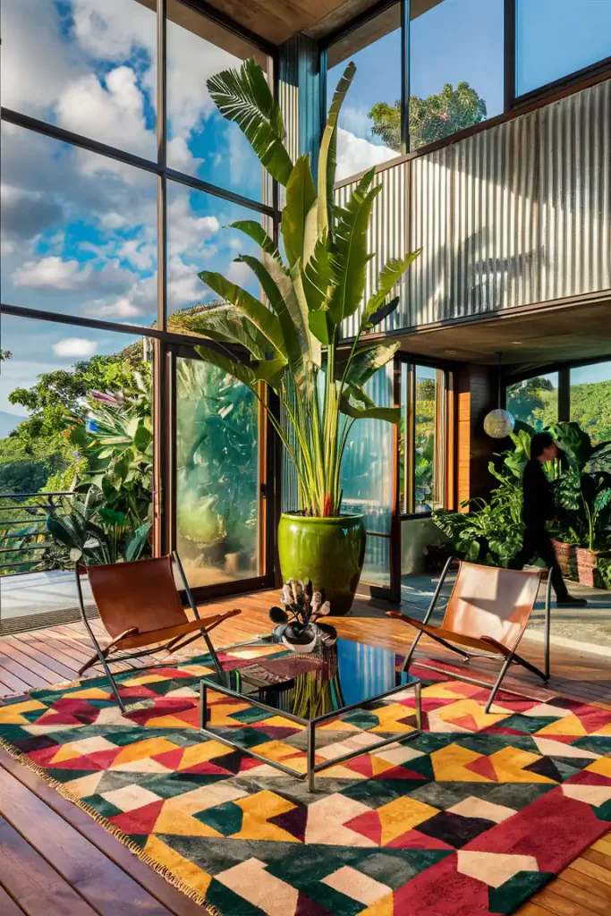 A modern living room with large windows, a colorful geometric rug, two chairs, and a lush indoor plant that feels as cozy as an attic bedroom.