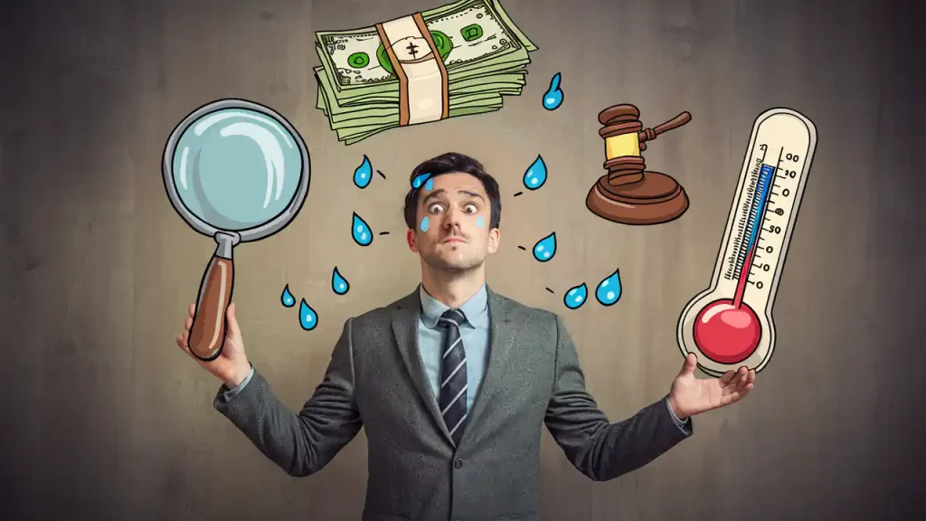 A man in a suit appears stressed, surrounded by cartoon icons of money, gavel, magnifying glass, and a thermometer — perhaps indicative of the pressures of due diligence when buying a house.