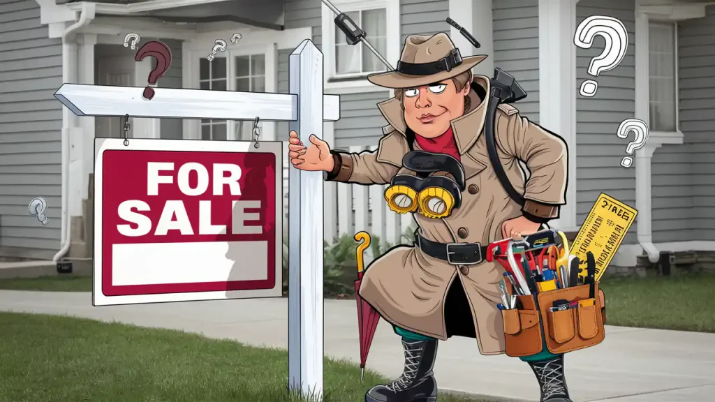 A cartoon detective in a trench coat and hat examines a "For Sale" sign outside a house, holding tools and binoculars, as if ticking off the important home buying steps.