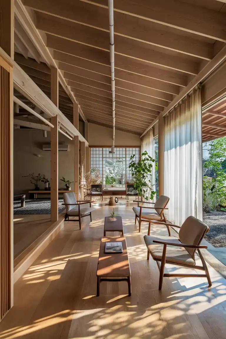 Sunlit minimalist attic conversion with wooden beams, tall windows, armchairs, and a long coffee table, surrounded by greenery outside.