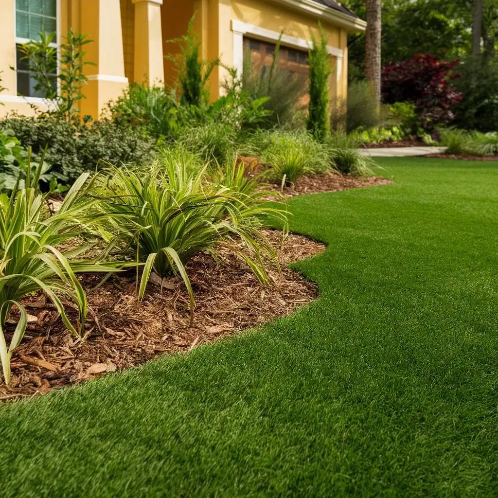 A well-maintained garden with lush grass, ornamental plants, and mulch in front of a yellow house with shrubs and trees.