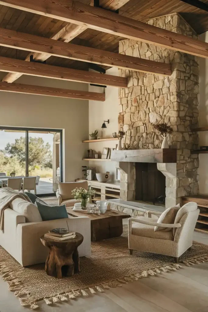 A cozy living room with a stone fireplace, wooden beams, beige furniture, and a view of an outdoor landscape. Just up the stairs from this inviting space is an attic bedroom, ideal for guests or as your next interior design project.