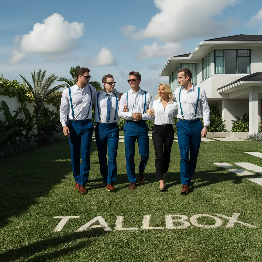 Five people in matching white shirts and blue trousers walk on a lawn with the word "TALLBOX" written on it, showcasing the best ground cover for any garden.