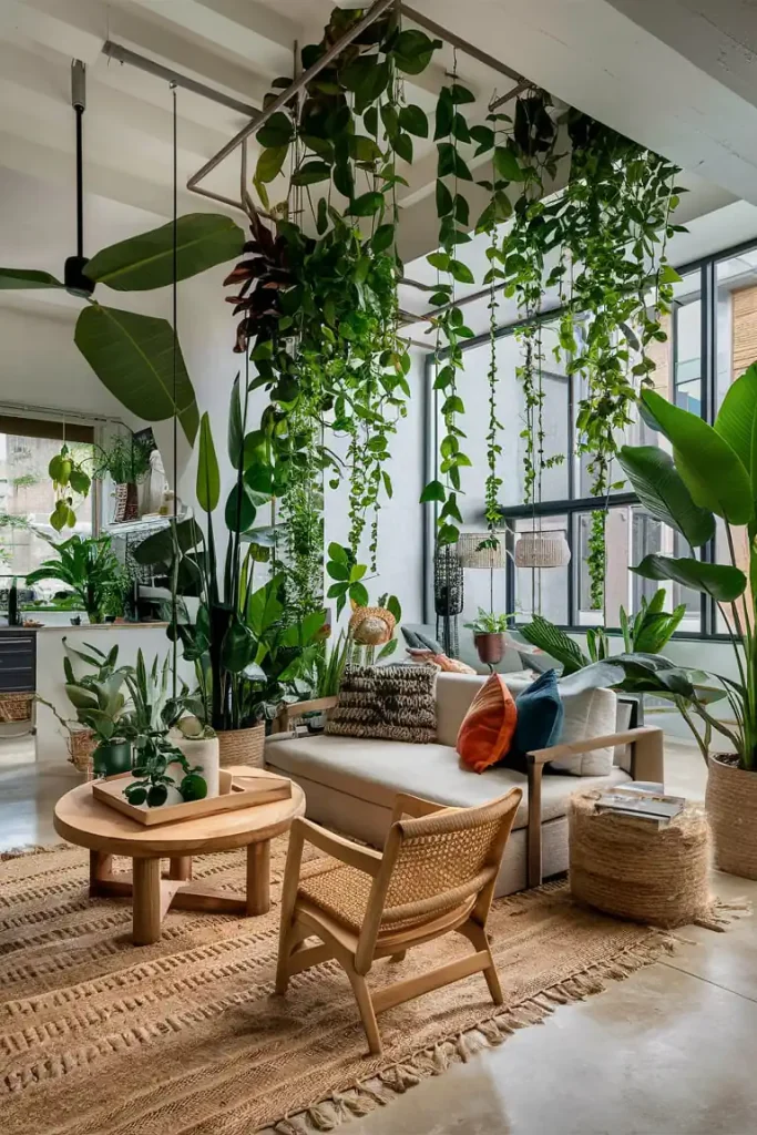 Bright living room filled with hanging and potted plants, featuring a cozy seating area with wooden furniture and natural decor—perfect inspiration for an attic bedroom conversion.