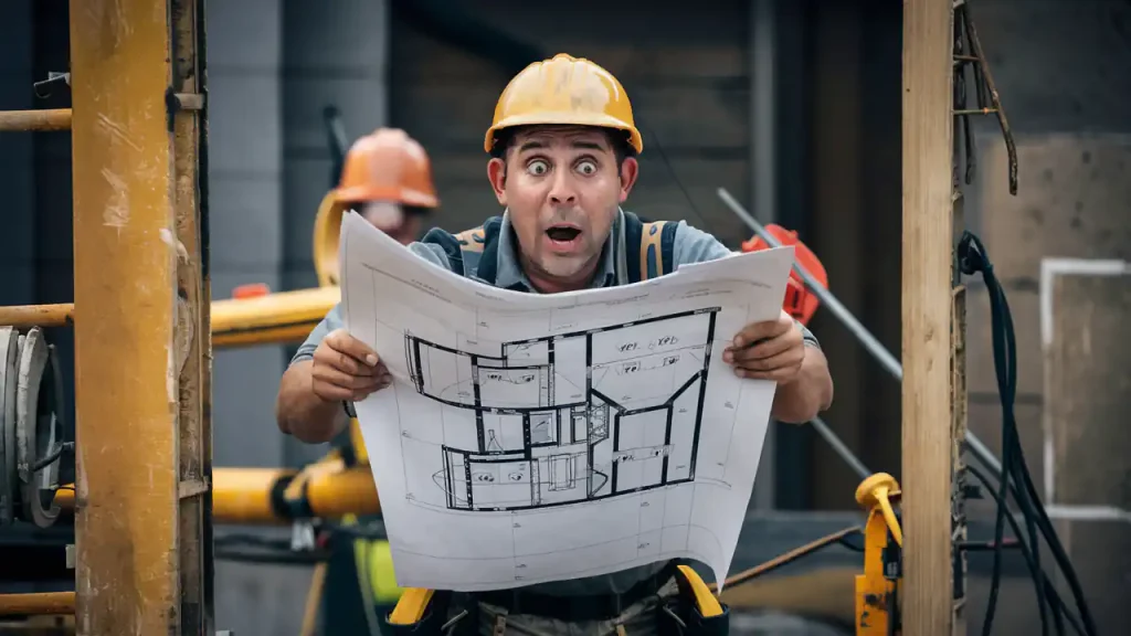 A construction worker in a hard hat looks surprised while holding building plans at a construction site, perhaps contemplating the important home buying steps involved in bringing such blueprints to life.