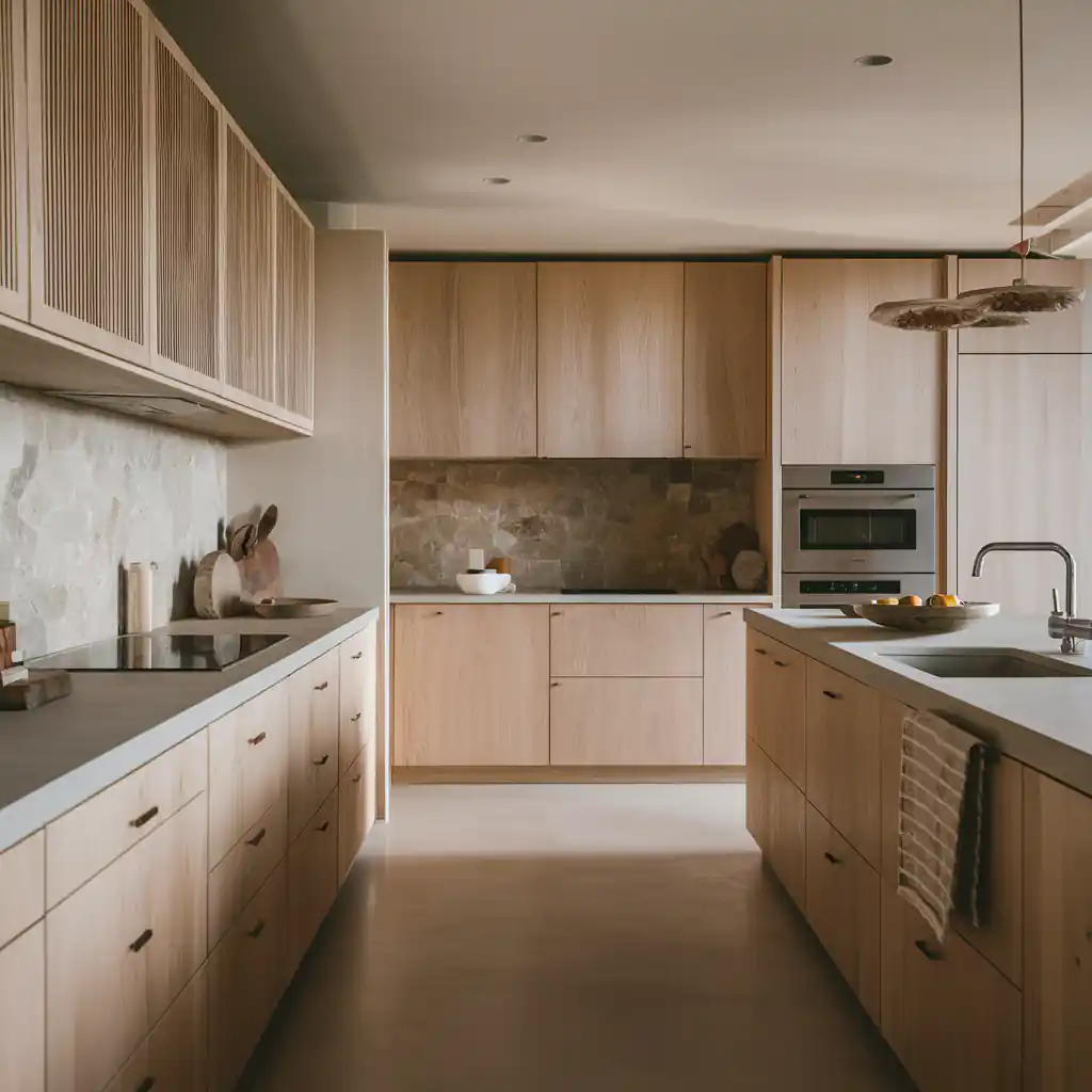 Modern kitchen with wooden cabinets, an island, built-in oven, and minimalist Organic Modern Kitchen Decor. Light streams from a window.