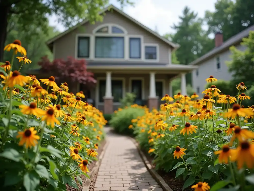 Yellow flowers line a brick pathway, enhancing the garden's charm, leading to a two-story house with a front porch on a bright summer day. This could be your best ground cover choice for an inviting touch.