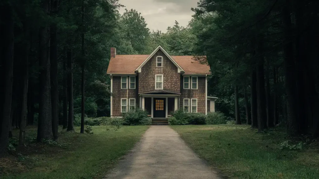 A two-story house with a red roof and dark exterior sits at the end of a tree-lined path on an overcast day, perfect for those doing their due diligence before buying a house.