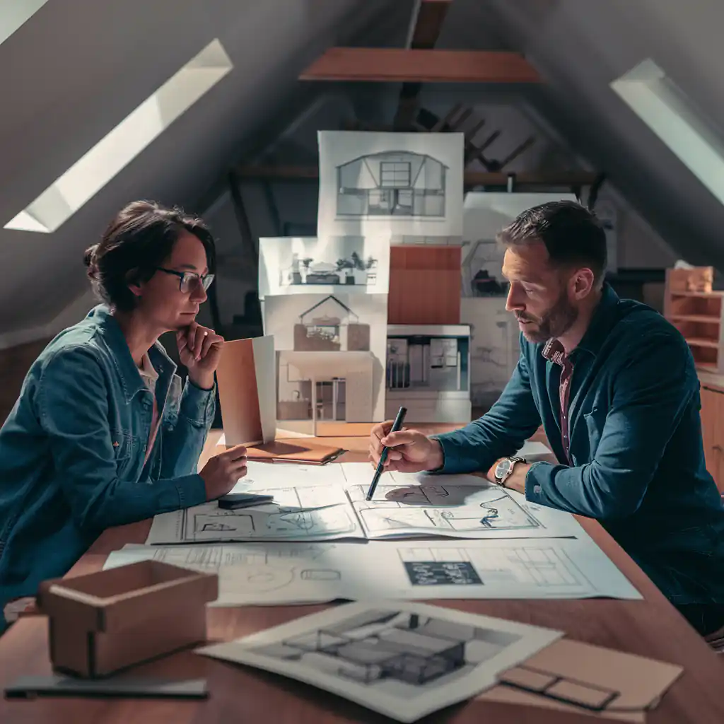 Two architects reviewing blueprints and architectural models in a well-lit attic workspace, brimming with inspiring attic bedroom ideas.