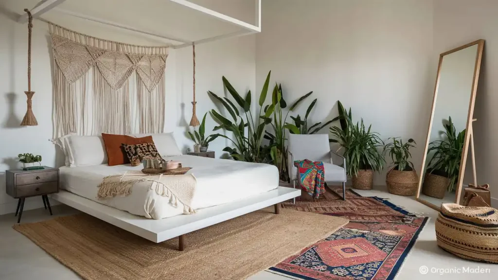 A serene bedroom with a white bed, macramé wall hanging, various potted plants, a chair, and colorful rugs. The space exudes an organic modern style, effortlessly blending natural elements with contemporary design for a calm and inviting atmosphere.