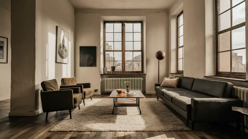 Cozy living room in Organic Modern Style with large windows, a gray sofa, two armchairs, a coffee table, and wall art on a light-colored rug.
